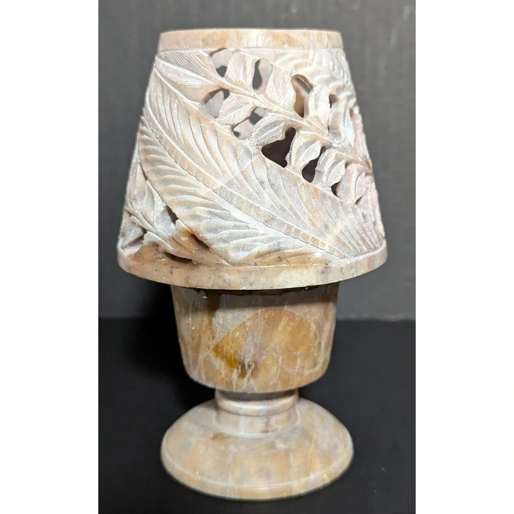 Carved Stone Tealight/Votive Candle‎ Holder and Shade Tones of Browns & Pinks 6